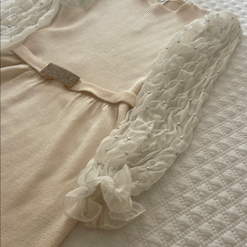 St. John Knit Elegant Cream Dress with Sheer Sleeves